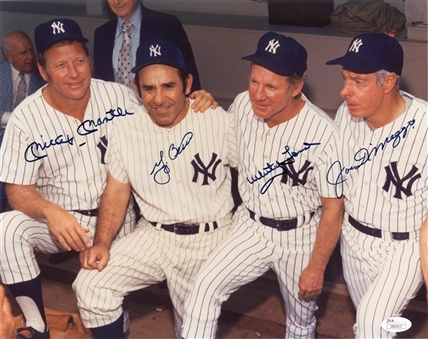 New York Yankees Old Timers Day 11x14 Photo Signed By Mantle, DiMaggio, Berra, and Ford (JSA)